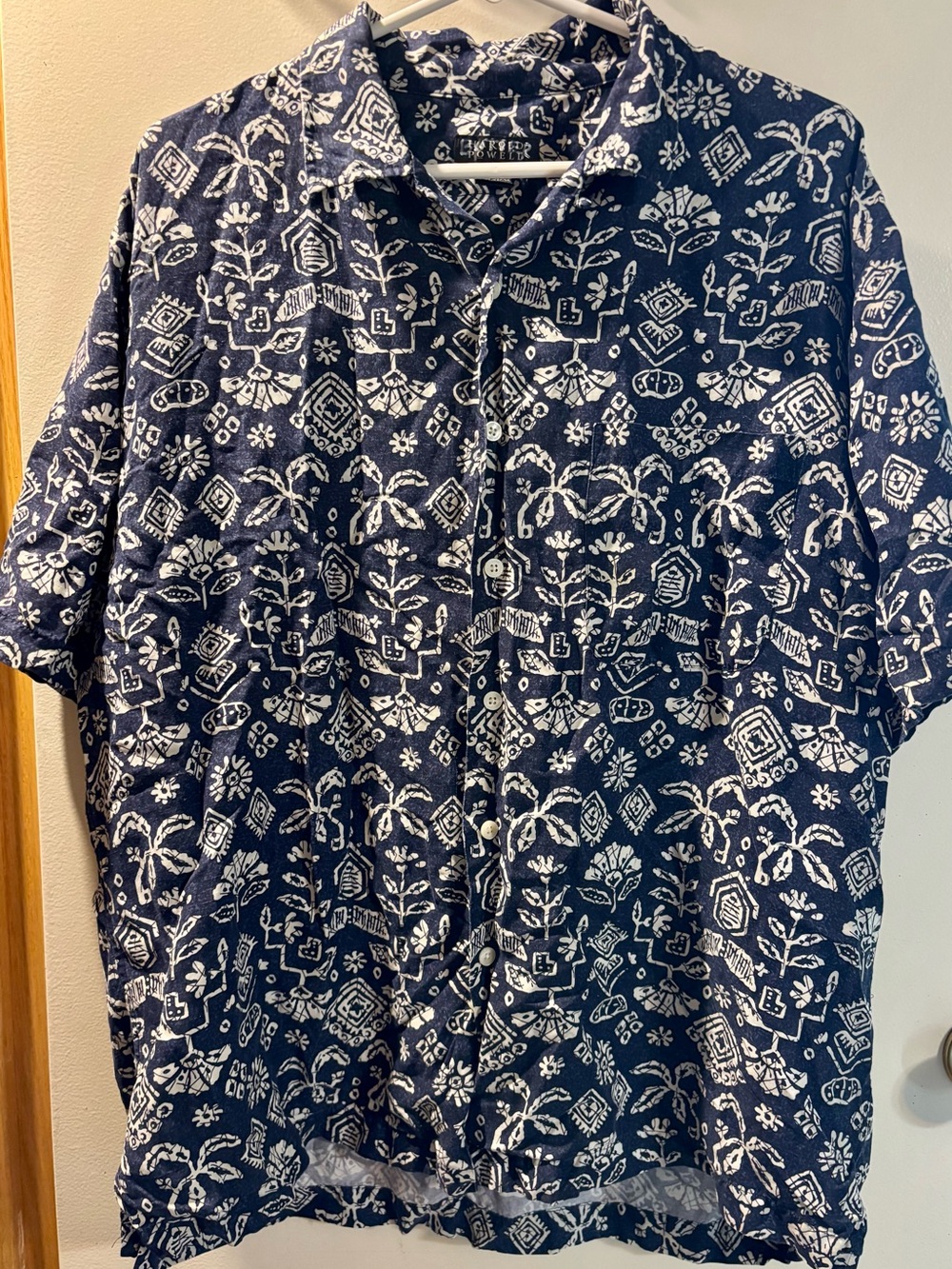 Vintage Harold Powell Navy and White Short-Sleeve Printed Button-Down Shirt